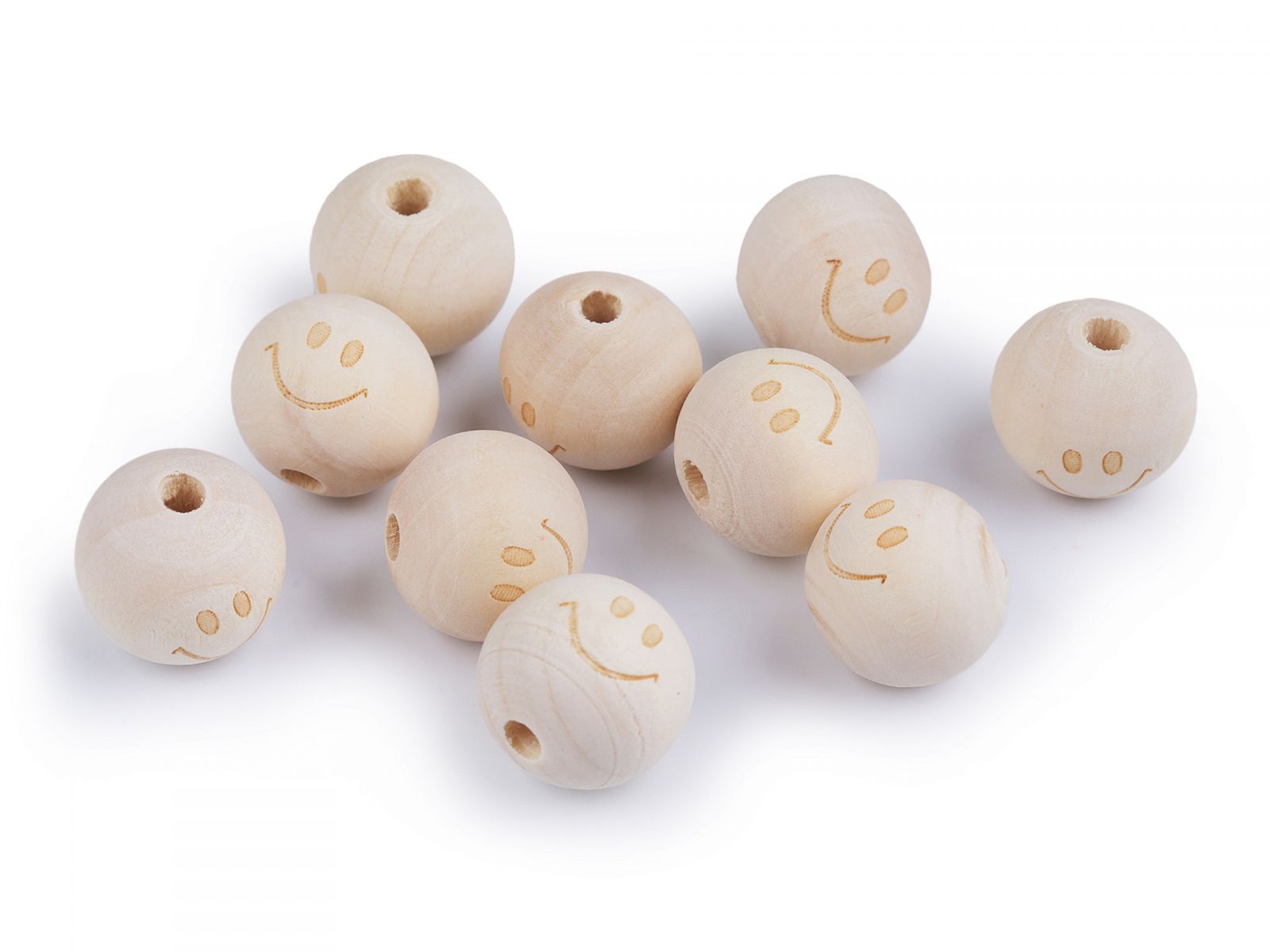 Margele din lemn nelacuit, smiley 20 mm, set/10 buc