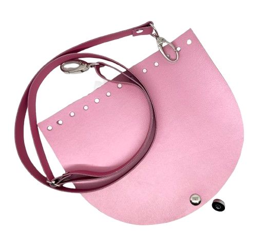 Set geanta piele naturala, clapeta +curea, roz metalizat