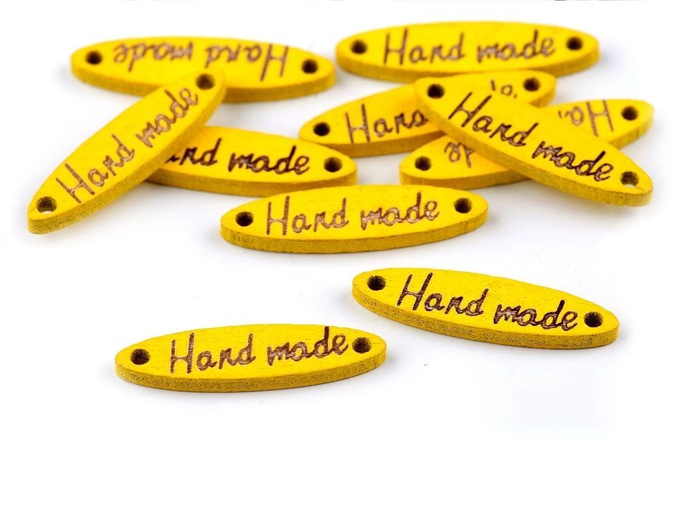 Etichete lemn Hand Made, 6x27 mm-galben, pachet 8 buc, reducere 50%