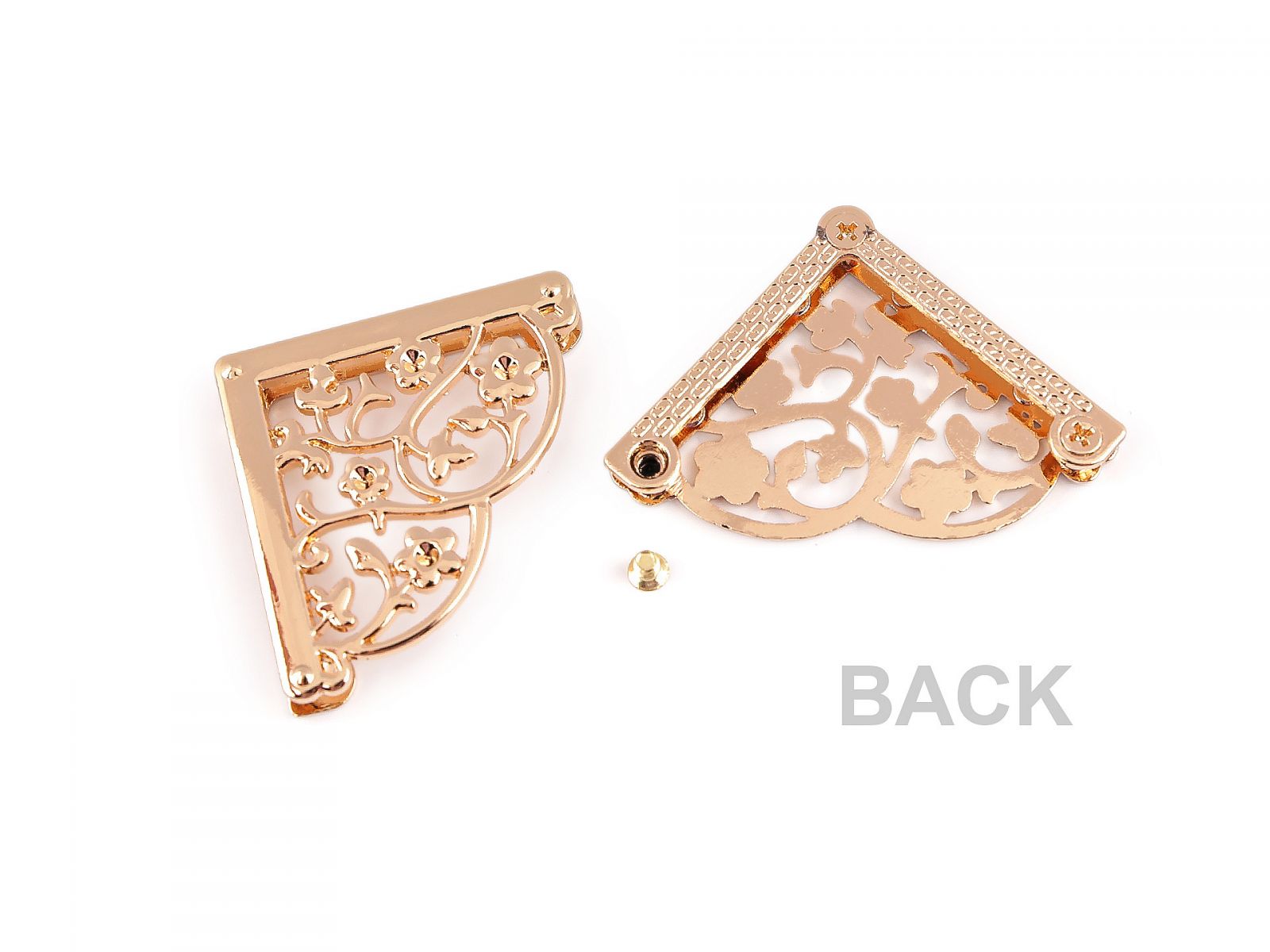 Colțuri metalice pentru genți de mână și accesorii cu șuruburi, auriu rose, 2 set